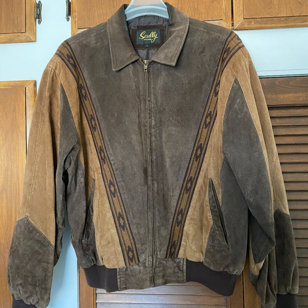 Scully Mens L Brown Suede Leather 2-tone Western Aztec Bomber Rodeo Coat